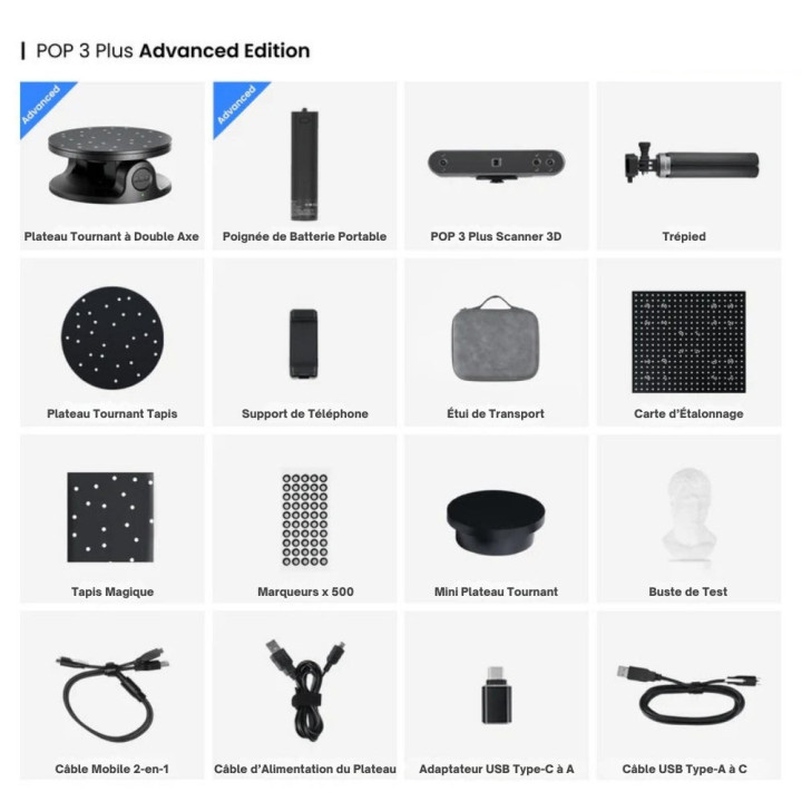 Revopoint - POP 3 Plus Advanced Edition - Scanner 3D Portable avec Scans Couleur