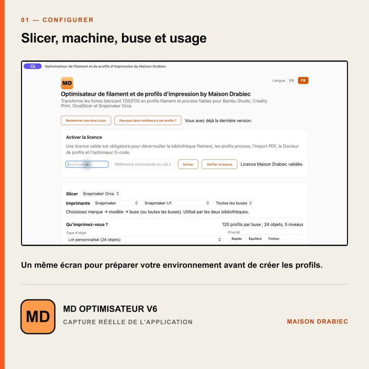 Écran de configuration MD Optimisateur V6 : slicer, machine, buse et usage