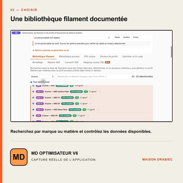 Bibliothèque filament documentée dans MD Optimisateur V6