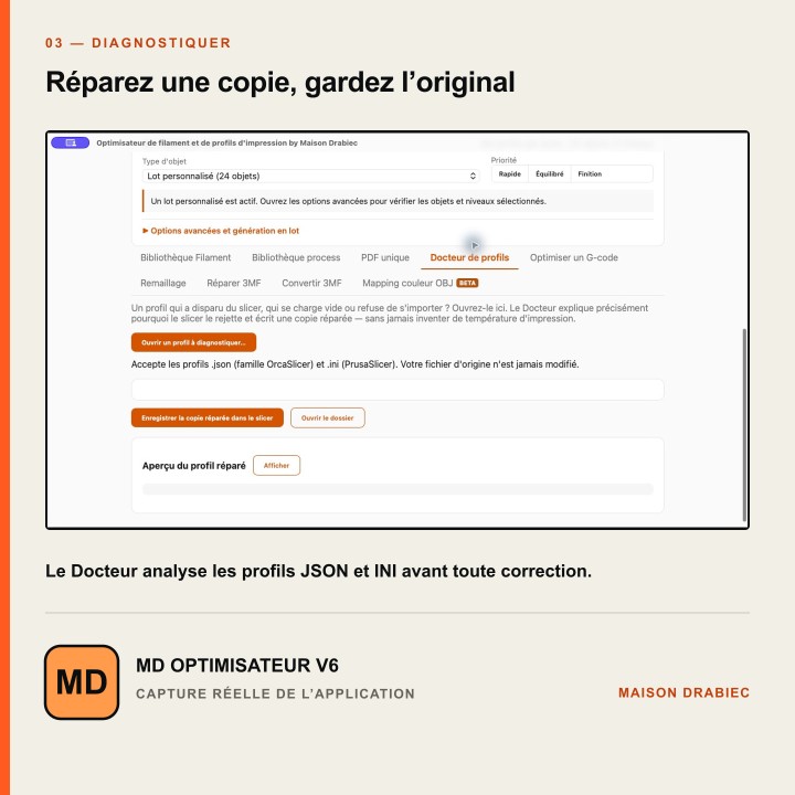 Docteur de profils JSON et INI dans MD Optimisateur V6