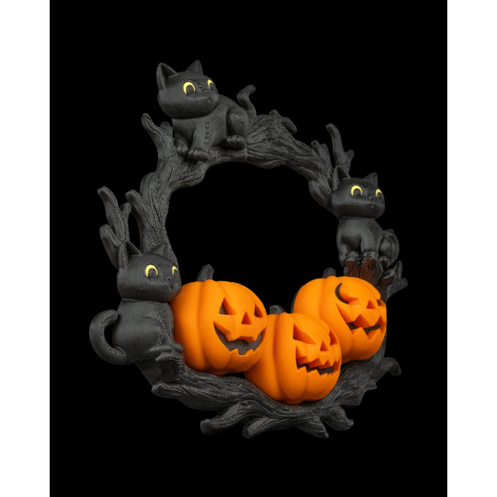 Couronne Halloween Chats & Citrouilles – Décoration Murale Féline