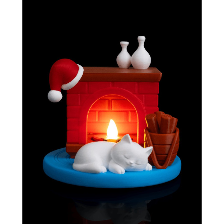 Veilleuse Cheminée De Noël & Chaton Endormi – Ambiance Cosy Garantie