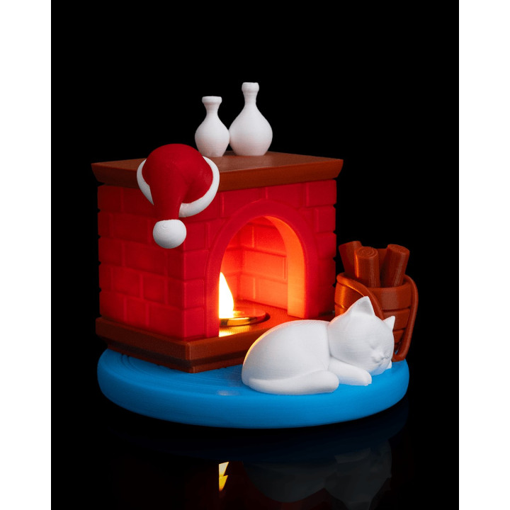 Veilleuse Cheminée De Noël & Chaton Endormi – Ambiance Cosy Garantie