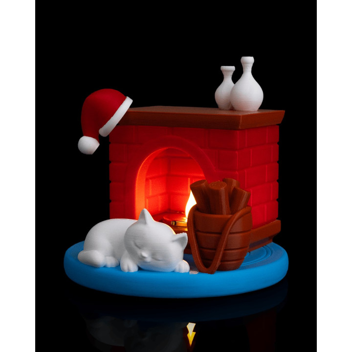 Veilleuse Cheminée De Noël & Chaton Endormi – Ambiance Cosy Garantie