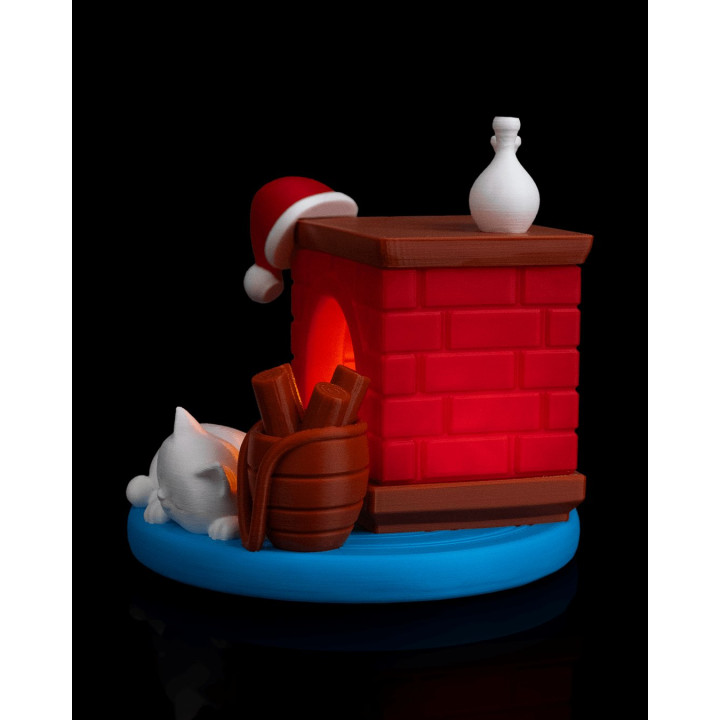 Veilleuse Cheminée De Noël & Chaton Endormi – Ambiance Cosy Garantie
