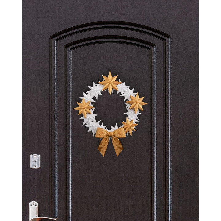 Couronne De Noël Étoilée Dorée & Blanche – Décoration De Porte Féerique