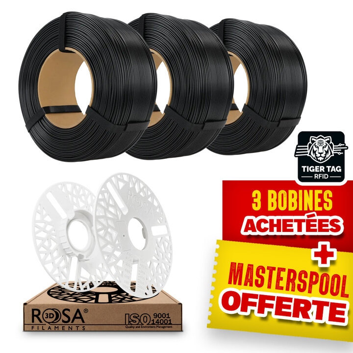 Pack Recharge Rosa3D - PLA Starter Noir x3 + Masterspool Offerte 