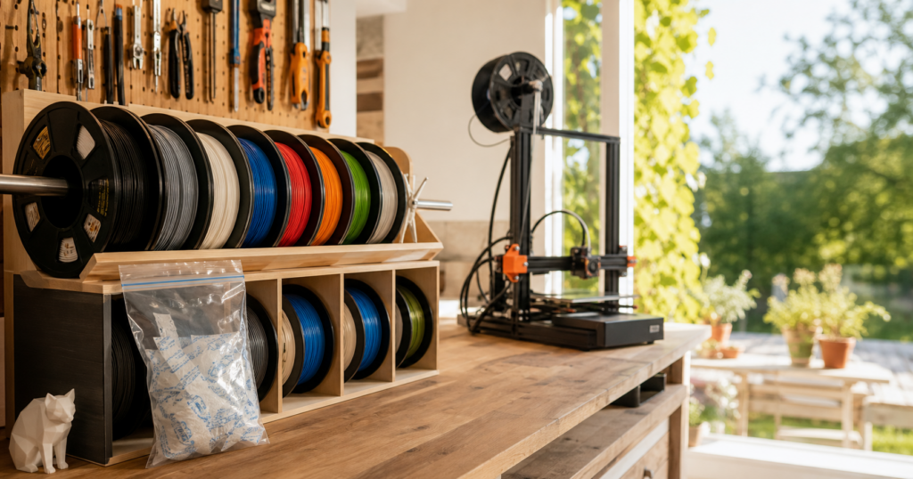 Bobine de filament 3D rangée proprement dans un atelier d'été lumineux