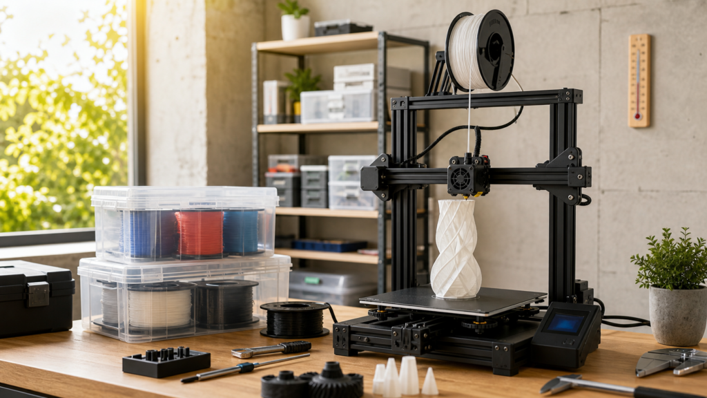 Atelier d'impression 3D préparé pour l'été avec filament rangé et imprimante en cours de travail