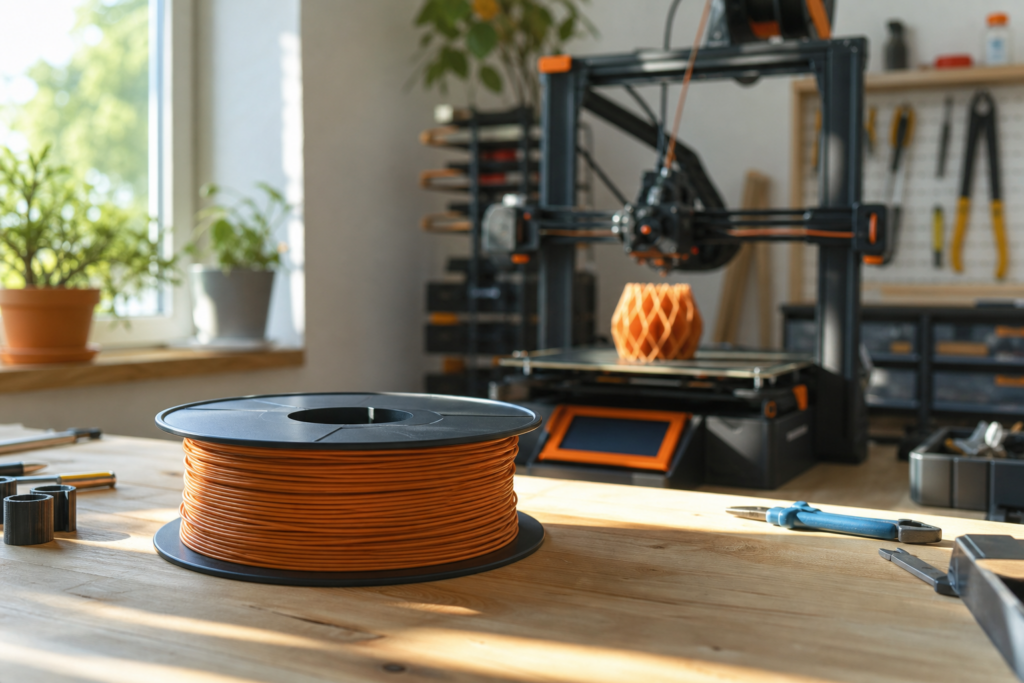 Bobine de filament dans un atelier d'impression 3D en été