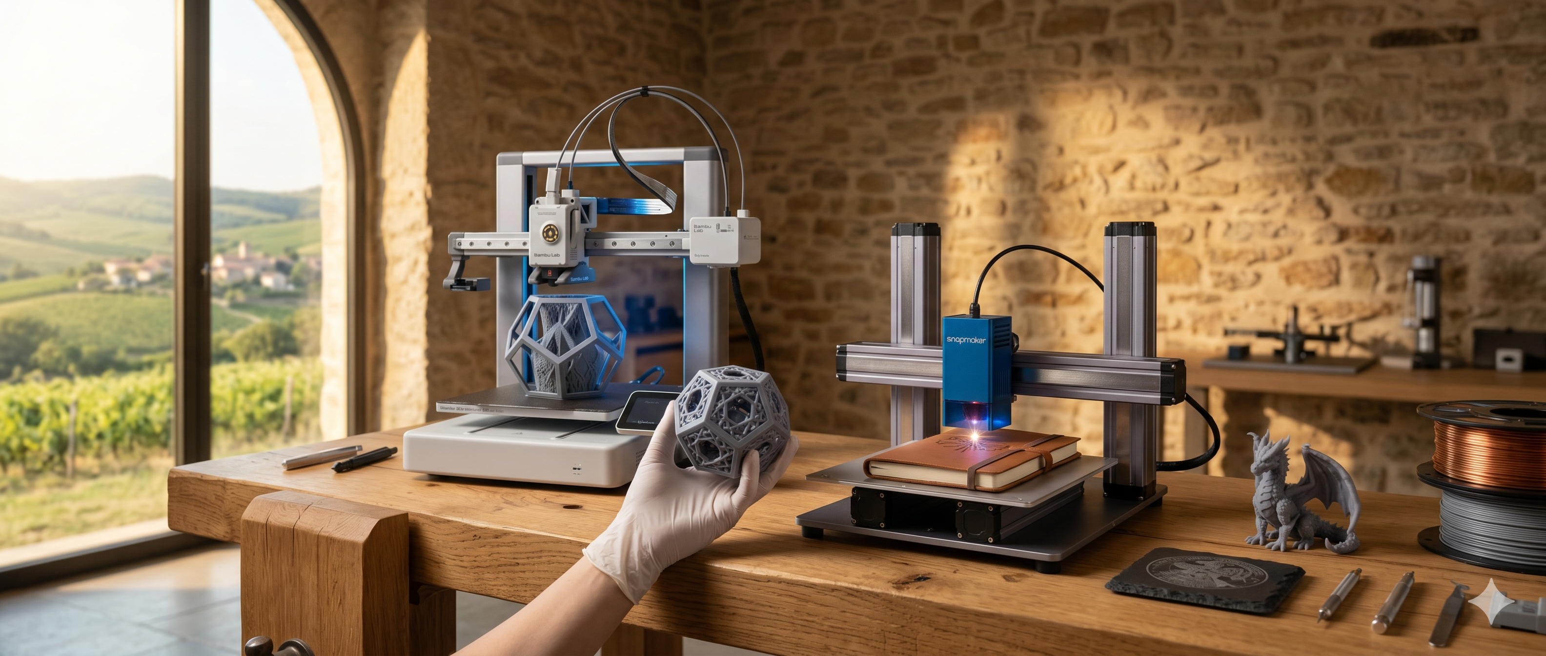 Atelier Maison Drabiec Strates en Occitanie : fabrication numérique artisanale, impression 3D et gravure laser.