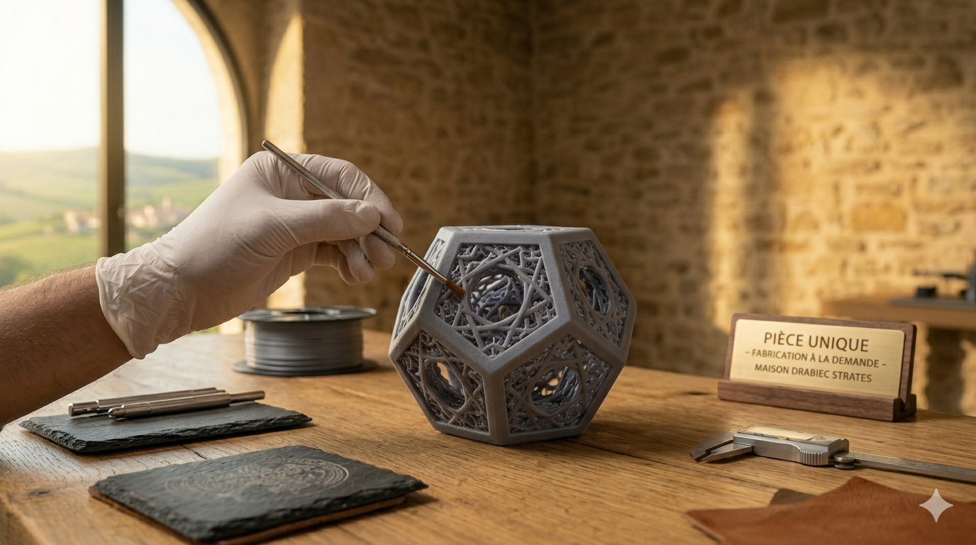 Atelier Maison Drabiec Strates en Occitanie : main gantée appliquant une finition minutieuse à une unique création en résine, symbolisant la fabrication à la demande