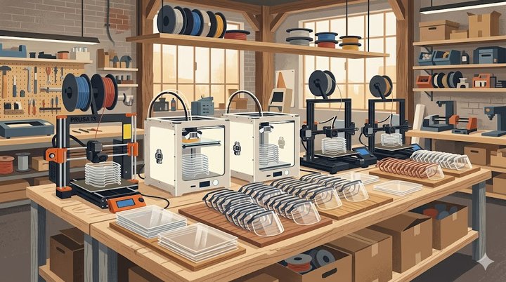 Atelier maker français pendant la crise sanitaire de 2020 : imprimantes 3D en activité simultanée, fabrication de visières de protection médicale empilées sur un établi en bois — effort collectif de la communauté maker française